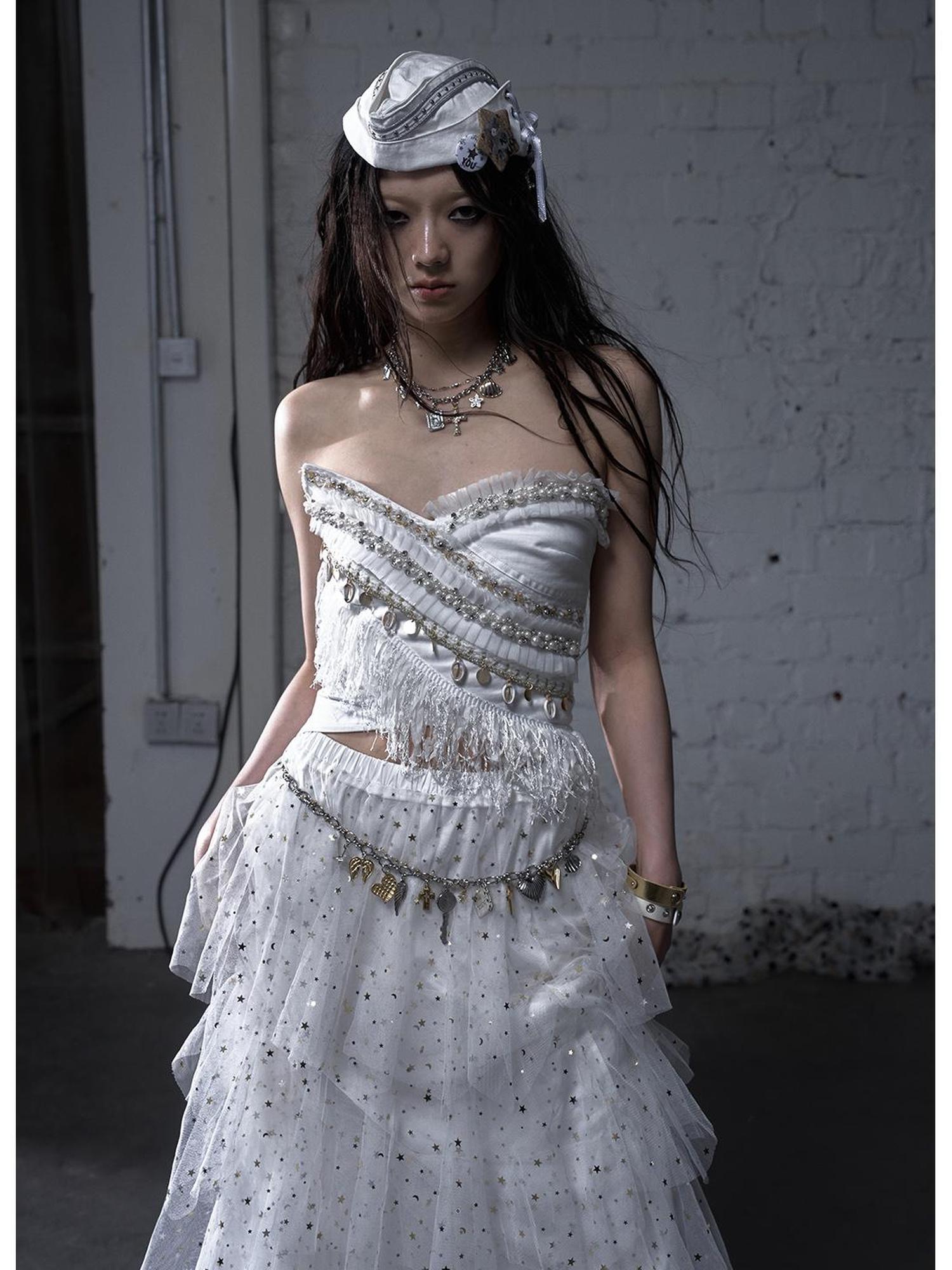 NO ROMANCE Cropped Bustier Top With Tassels &amp; Lace Trim For Women