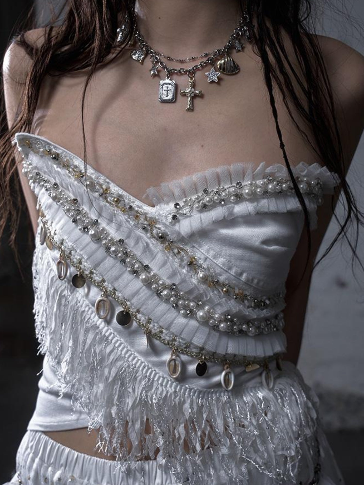 NO ROMANCE Cropped Bustier Top With Tassels &amp; Lace Trim For Women