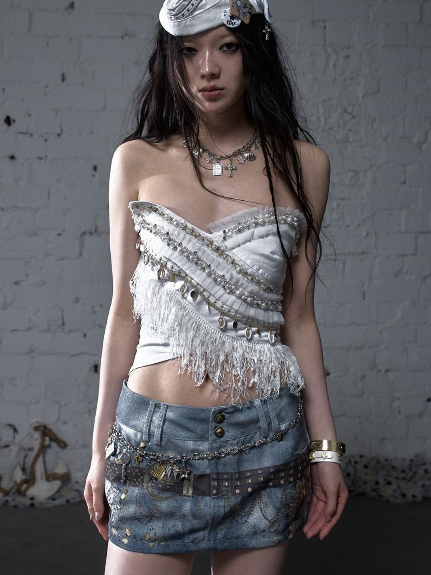 NO ROMANCE Cropped Bustier Top With Tassels &amp; Lace Trim For Women