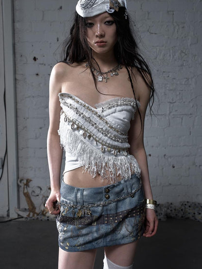 NO ROMANCE Cropped Bustier Top With Tassels &amp; Lace Trim For Women