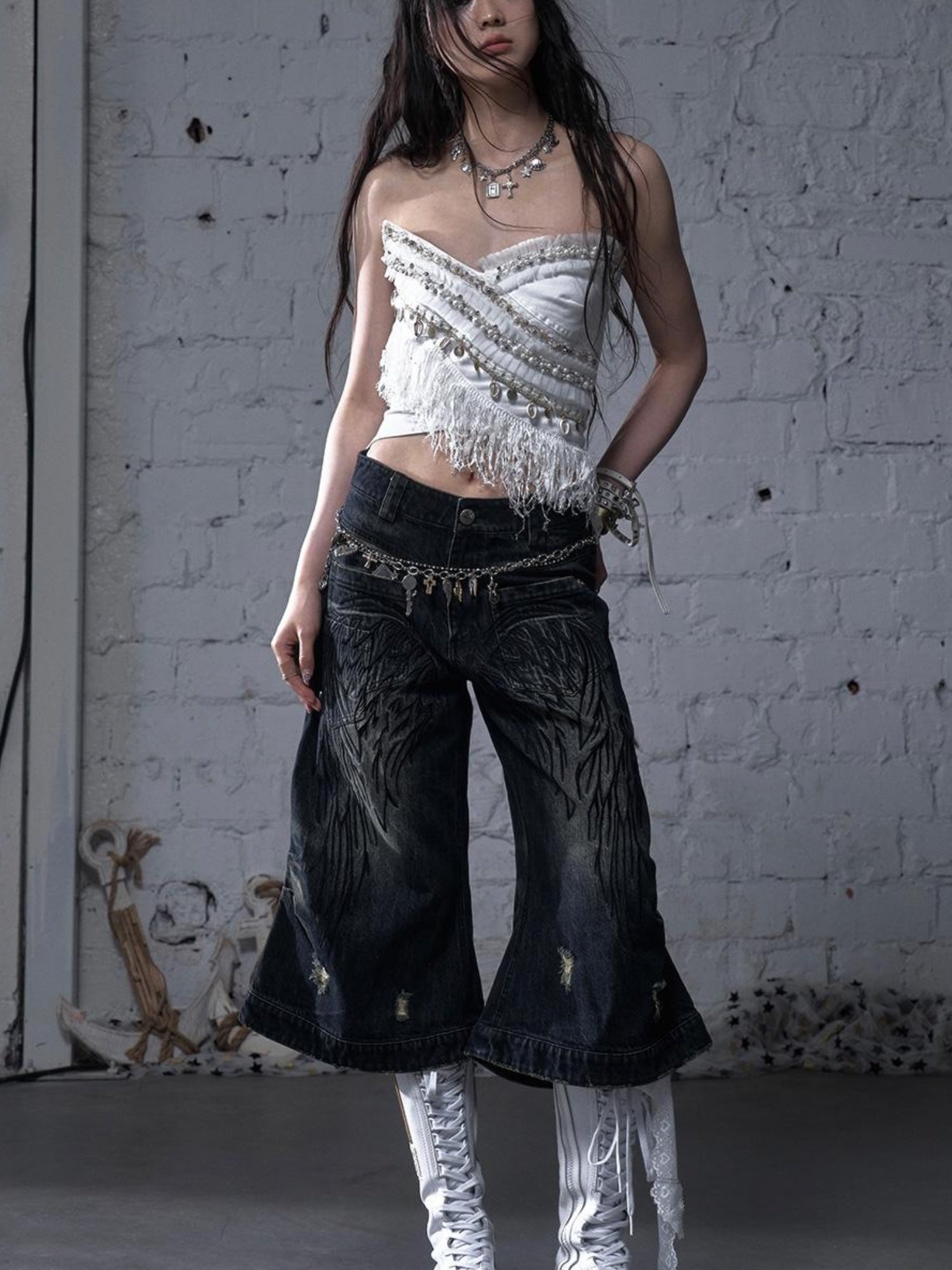 NO ROMANCE Cropped Bustier Top With Tassels &amp; Lace Trim For Women