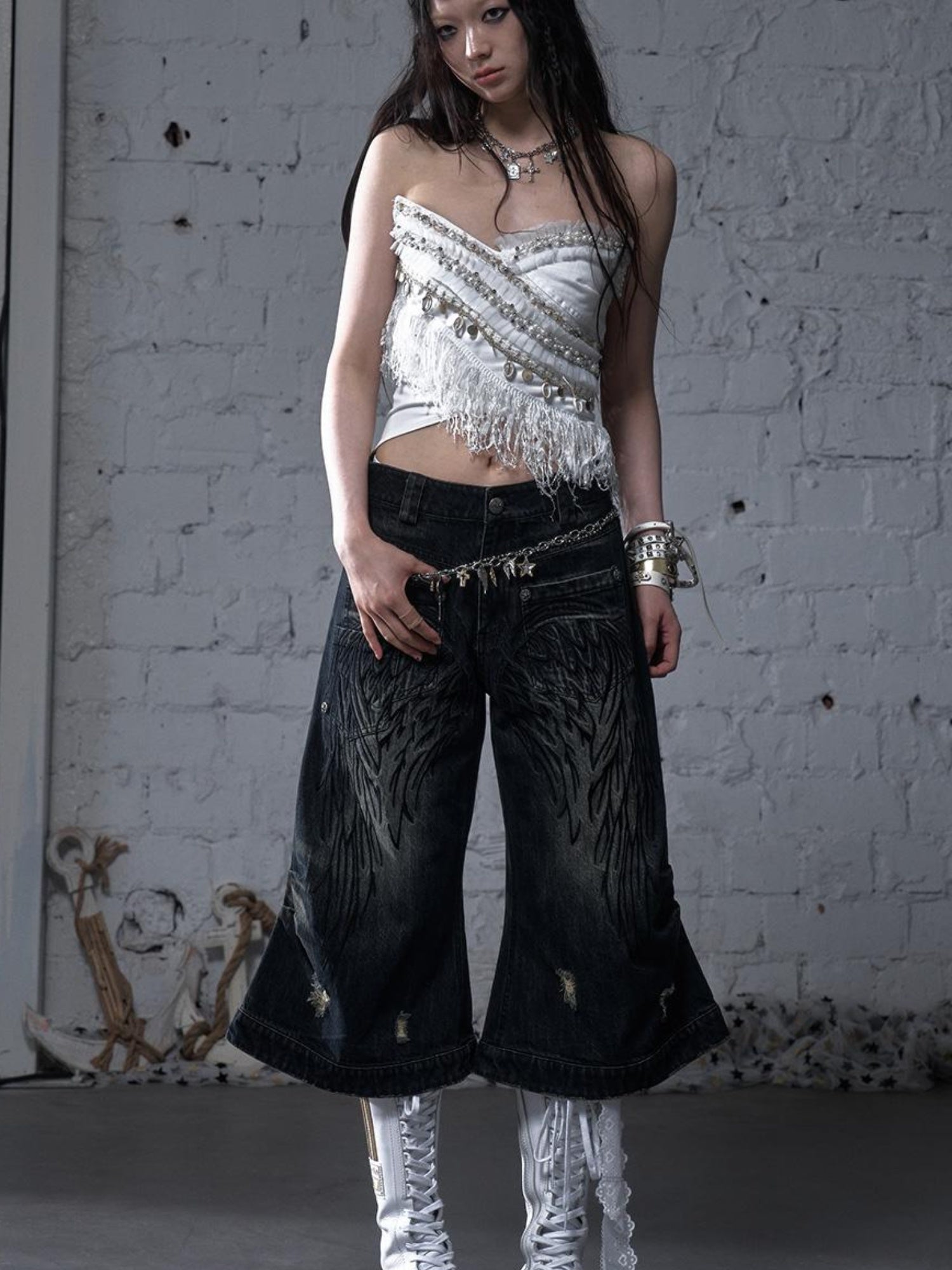 NO ROMANCE Cropped Bustier Top With Tassels &amp; Lace Trim For Women