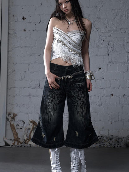 NO ROMANCE Cropped Bustier Top With Tassels &amp; Lace Trim For Women