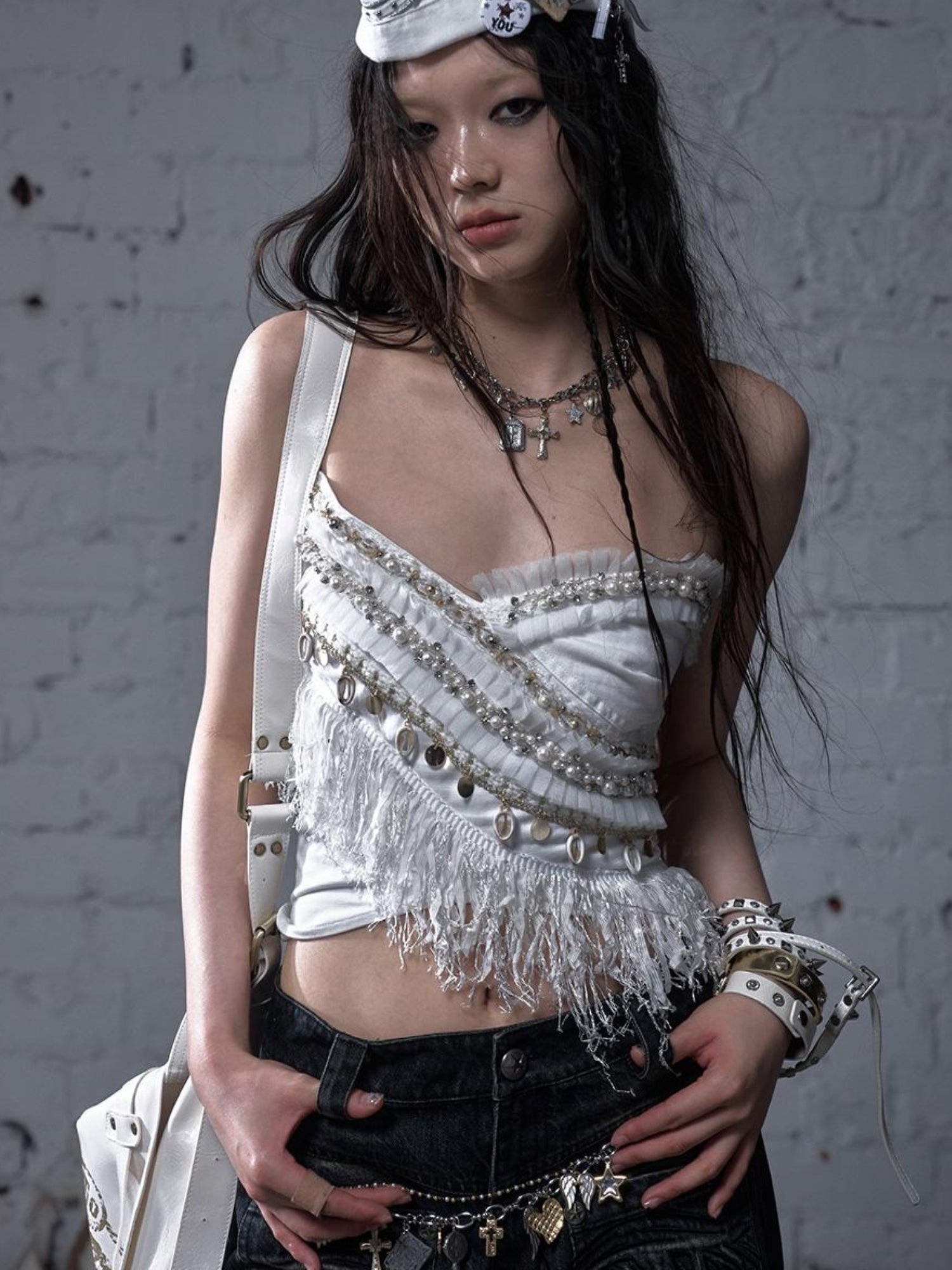 NO ROMANCE Cropped Bustier Top With Tassels &amp; Lace Trim For Women