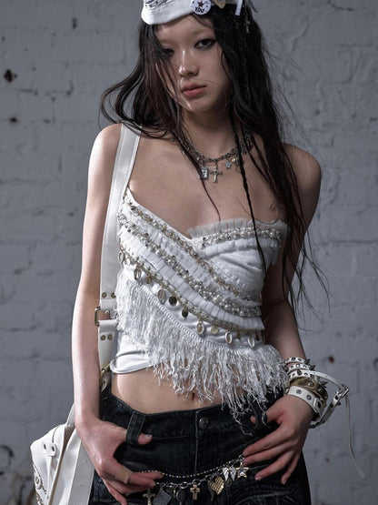 NO ROMANCE Cropped Bustier Top With Tassels &amp; Lace Trim For Women