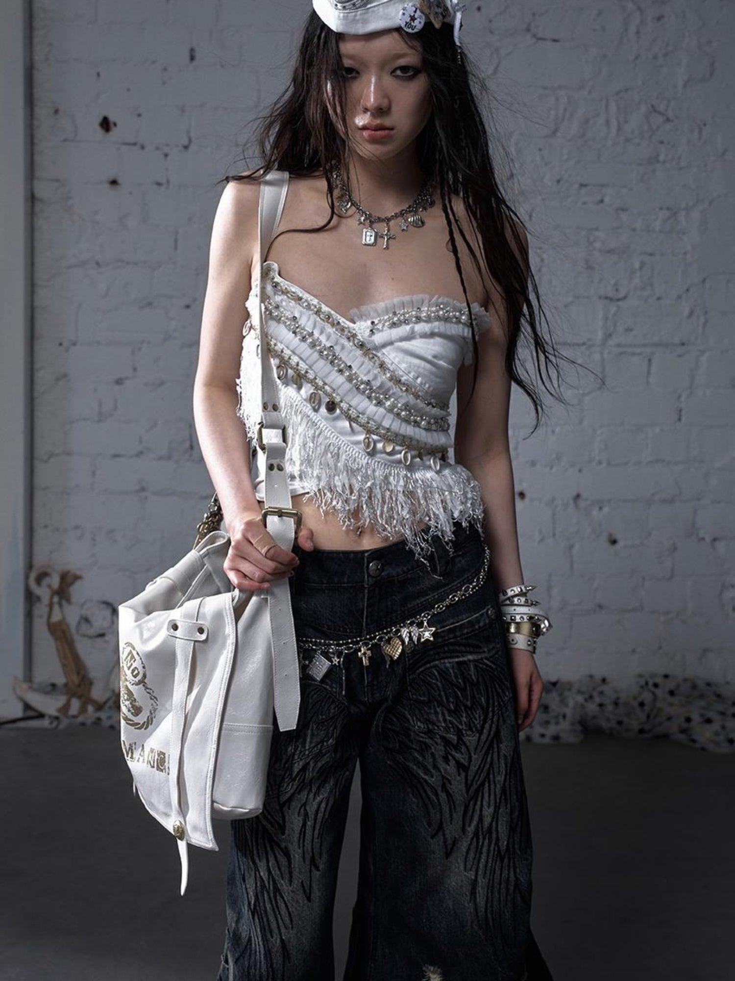 NO ROMANCE Cropped Bustier Top With Tassels &amp; Lace Trim For Women