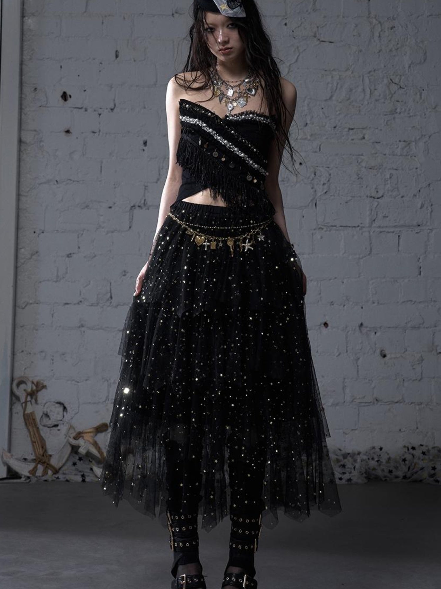 NO ROMANCE Cropped Bustier Top With Tassels &amp; Lace Trim For Women