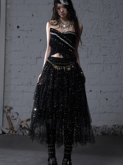 NO ROMANCE Cropped Bustier Top With Tassels &amp; Lace Trim For Women