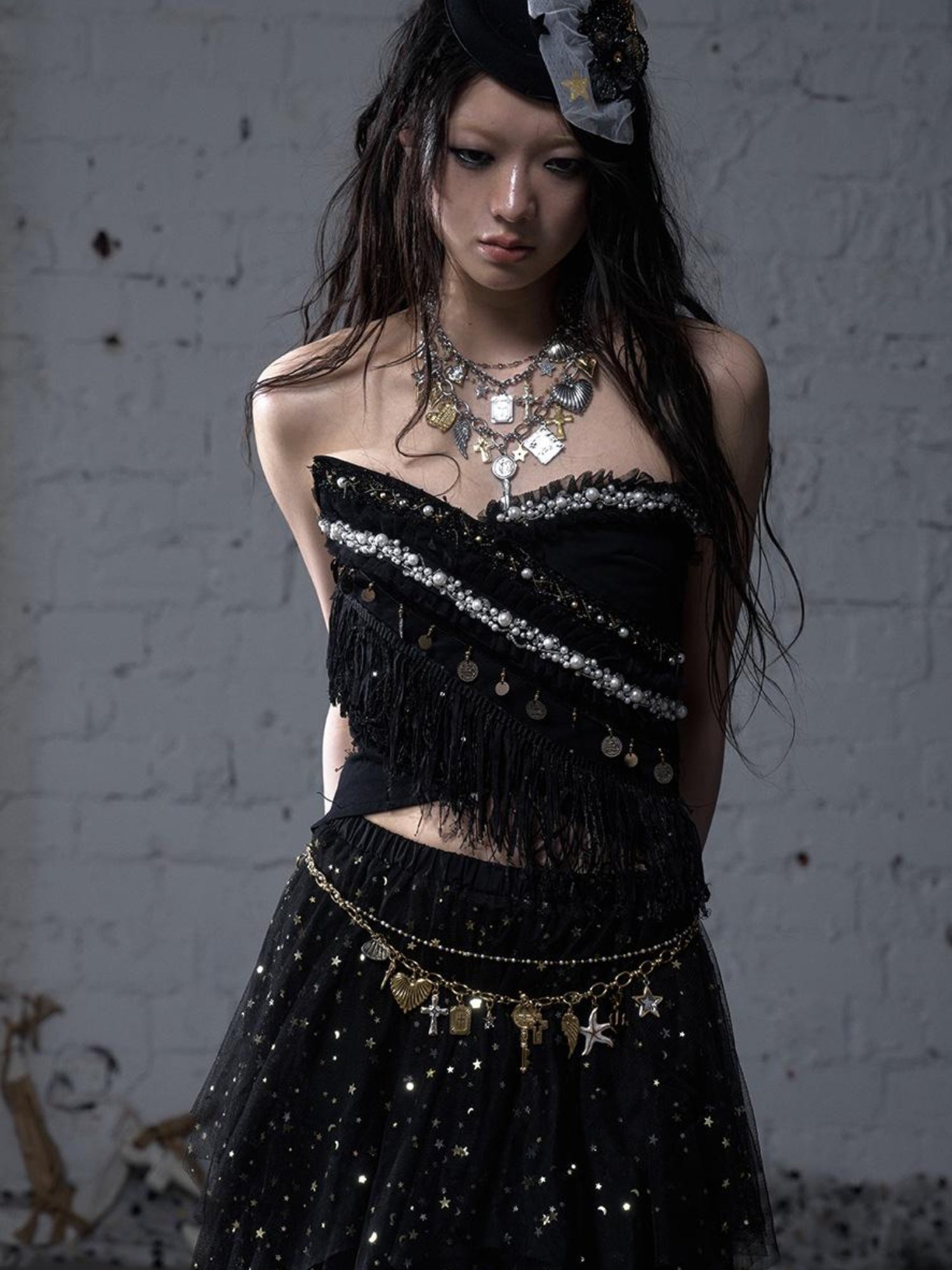 NO ROMANCE Cropped Bustier Top With Tassels &amp; Lace Trim For Women