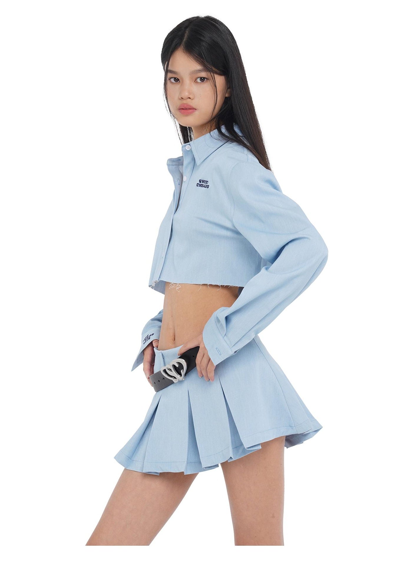 Cropped Frayed Shirt &amp; Wide Pleat Skirt Set