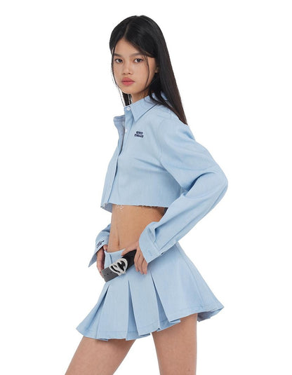 Cropped Frayed Shirt &amp; Wide Pleat Skirt Set