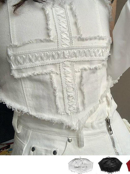 WSW WUSHENWU Cross Lace Sleeveless Cowgirl Denim Crop Top