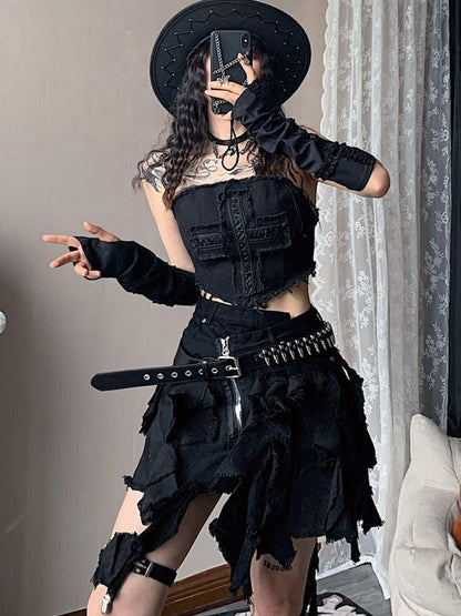 WSW WUSHENWU Cross Lace Sleeveless Cowgirl Denim Crop Top