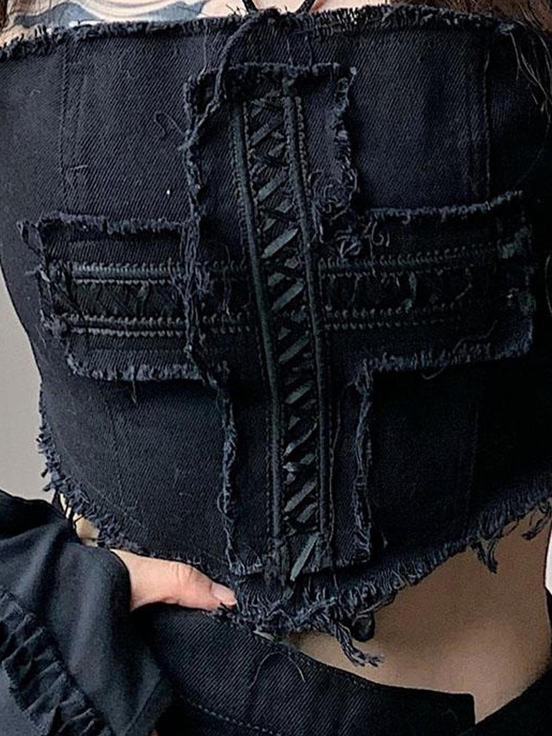 WSW WUSHENWU Cross Lace Sleeveless Cowgirl Denim Crop Top