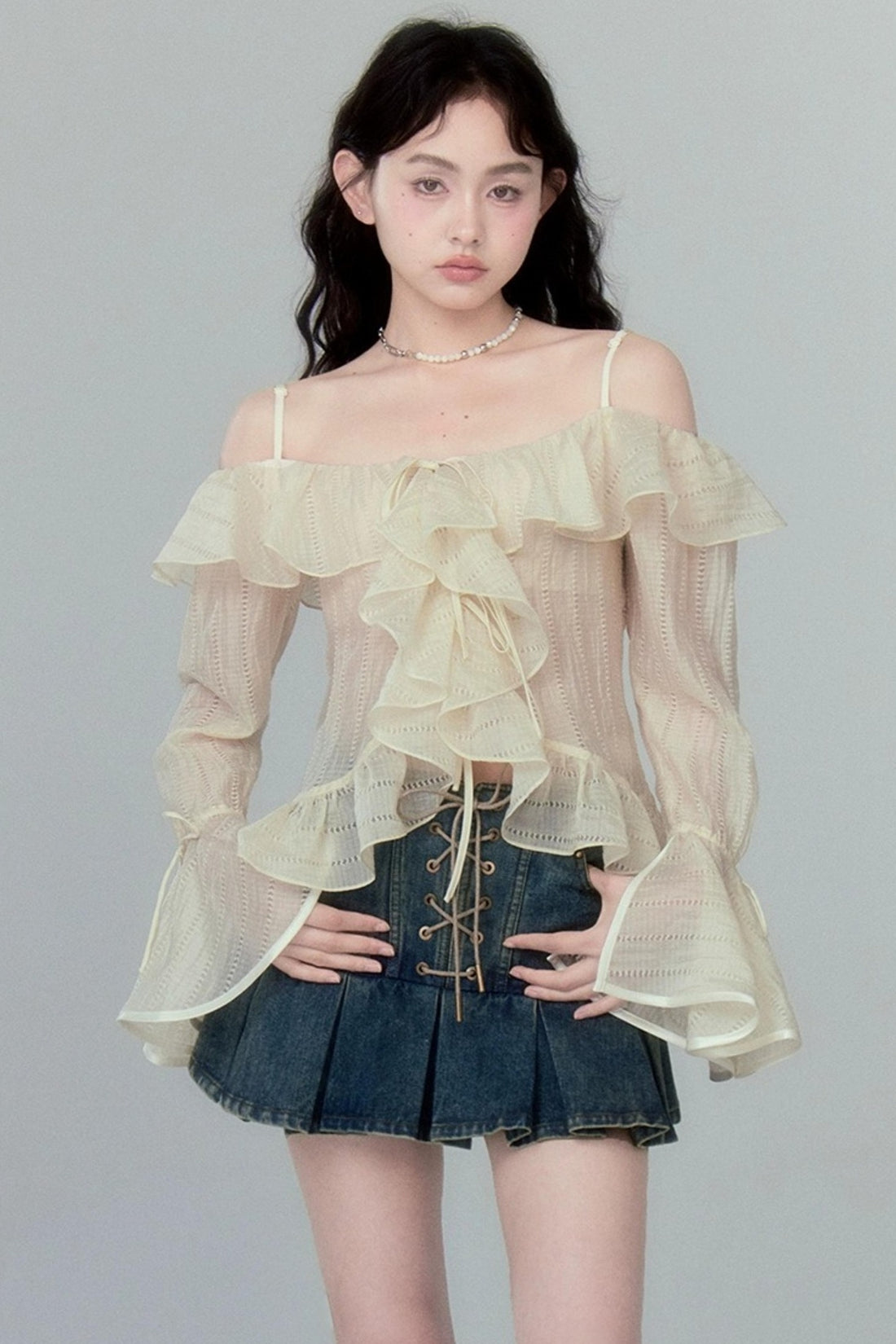 DIDDI MODA Cross Lace Vintage Pleat Denim Skirt