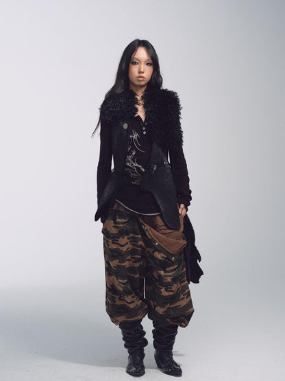 NONAME SPACE Cross Stitch Print Knit Sweater With Skull Buttons And Curved Hem