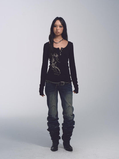 NONAME SPACE Cross Stitch Print Knit Sweater With Skull Buttons And Curved Hem