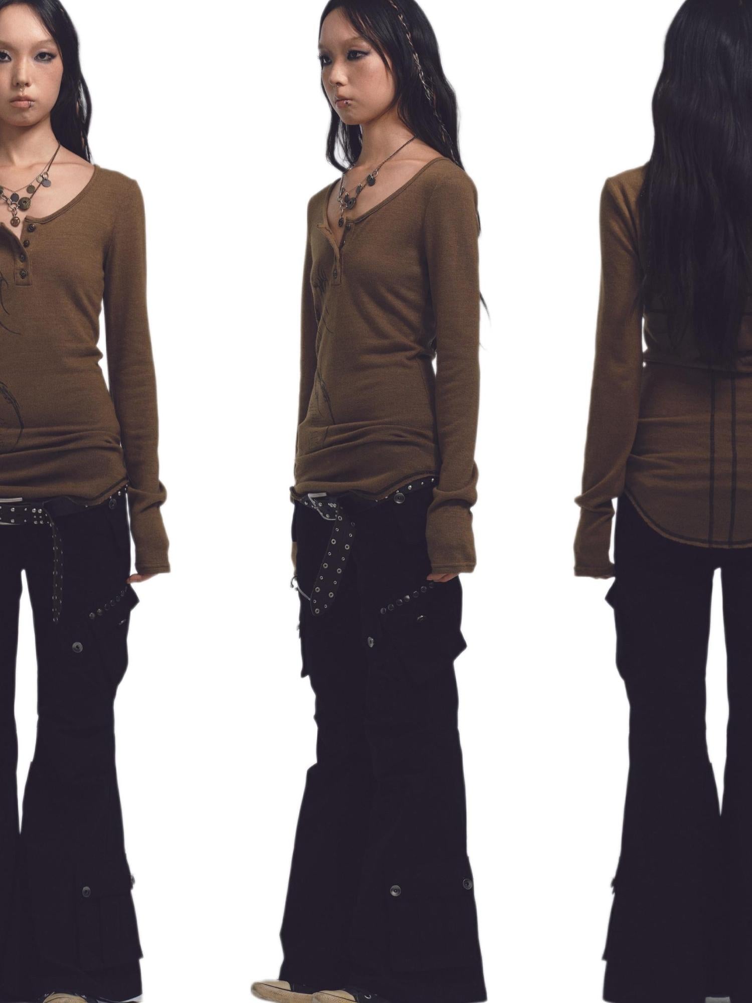 NONAME SPACE Cross Stitch Print Knit Sweater With Skull Buttons And Curved Hem