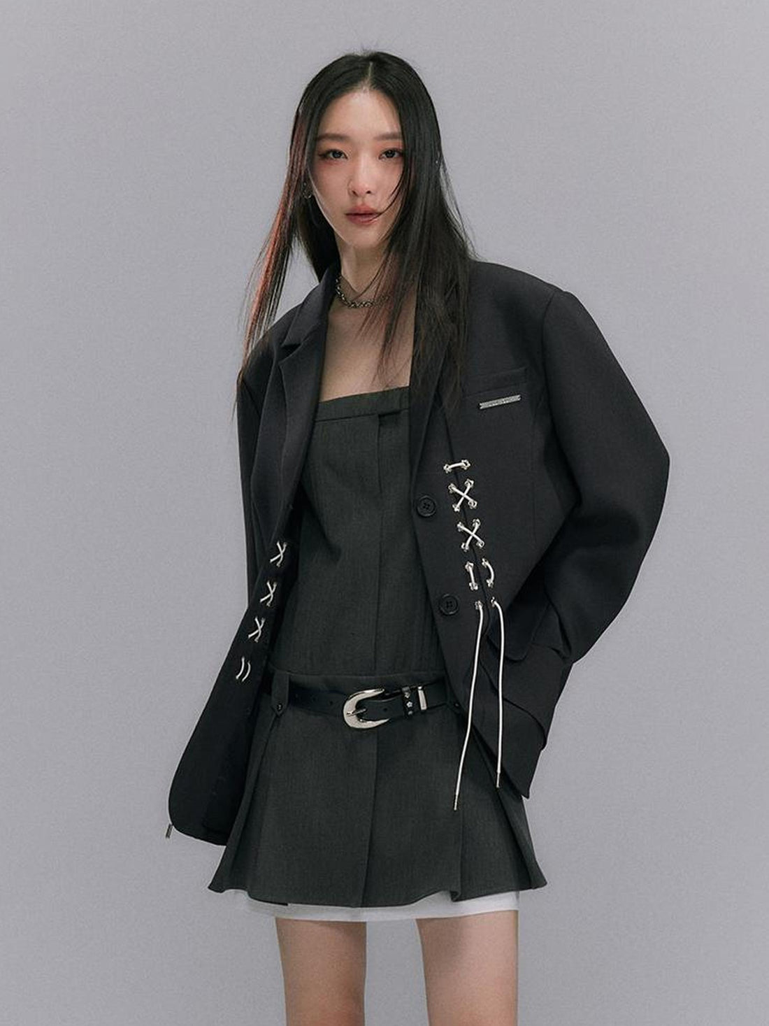 DIDDI MODA Cross Tie Detail Black Blazer With Floral Eyelets