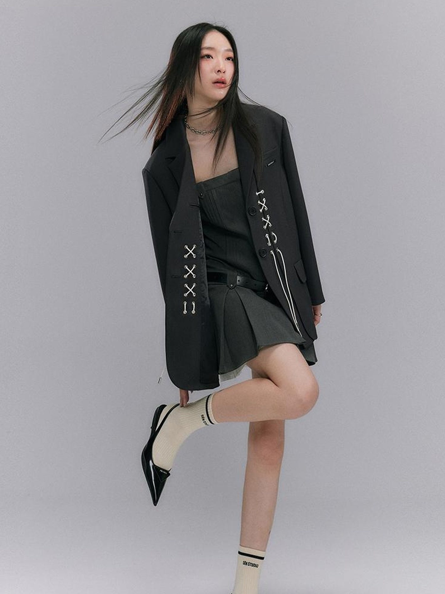 DIDDI MODA Cross Tie Detail Black Blazer With Floral Eyelets
