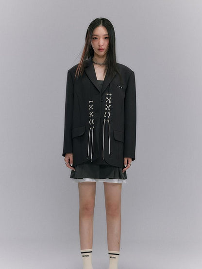DIDDI MODA Cross Tie Detail Black Blazer With Floral Eyelets