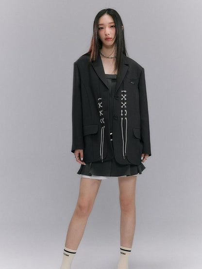 DIDDI MODA Cross Tie Detail Black Blazer With Floral Eyelets