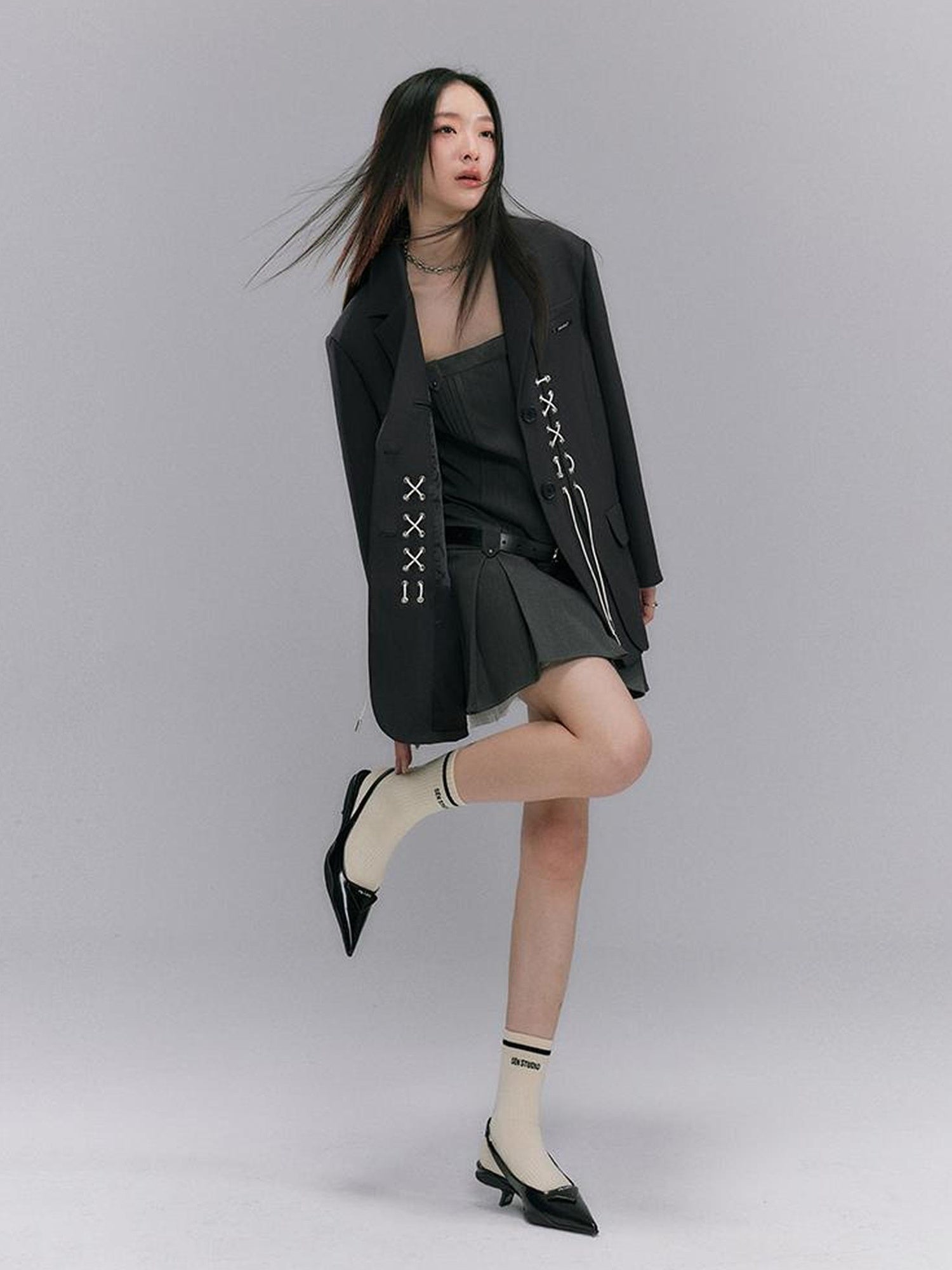 DIDDI MODA Cross Tie Detail Black Blazer With Floral Eyelets