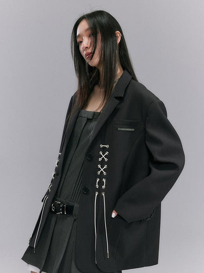 DIDDI MODA Cross Tie Detail Black Blazer With Floral Eyelets