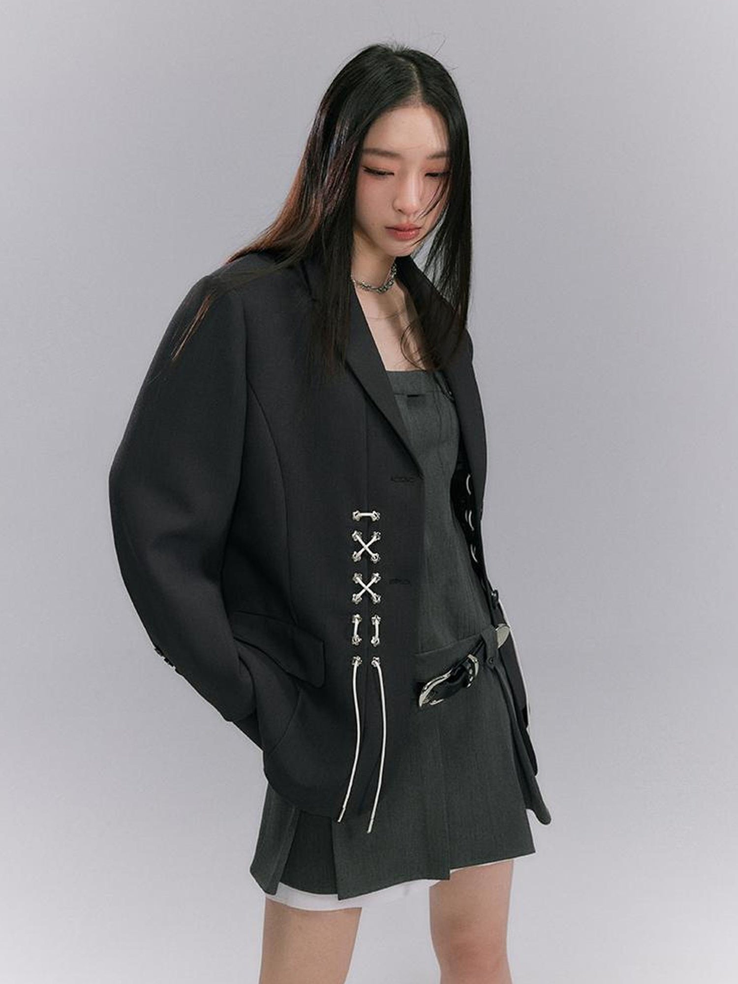 DIDDI MODA Cross Tie Detail Black Blazer With Floral Eyelets
