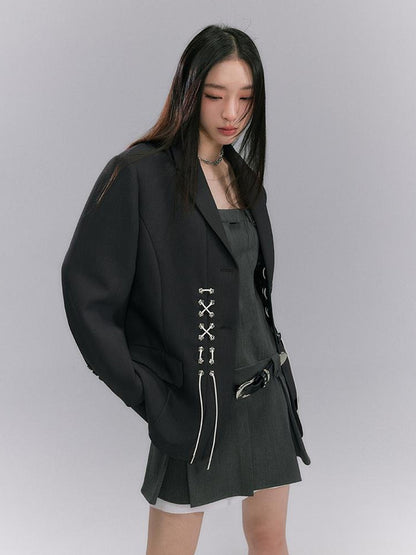 DIDDI MODA Cross Tie Detail Black Blazer With Floral Eyelets