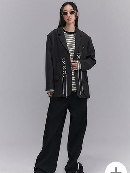 DIDDI MODA Cross Tie Detail Black Blazer With Floral Eyelets