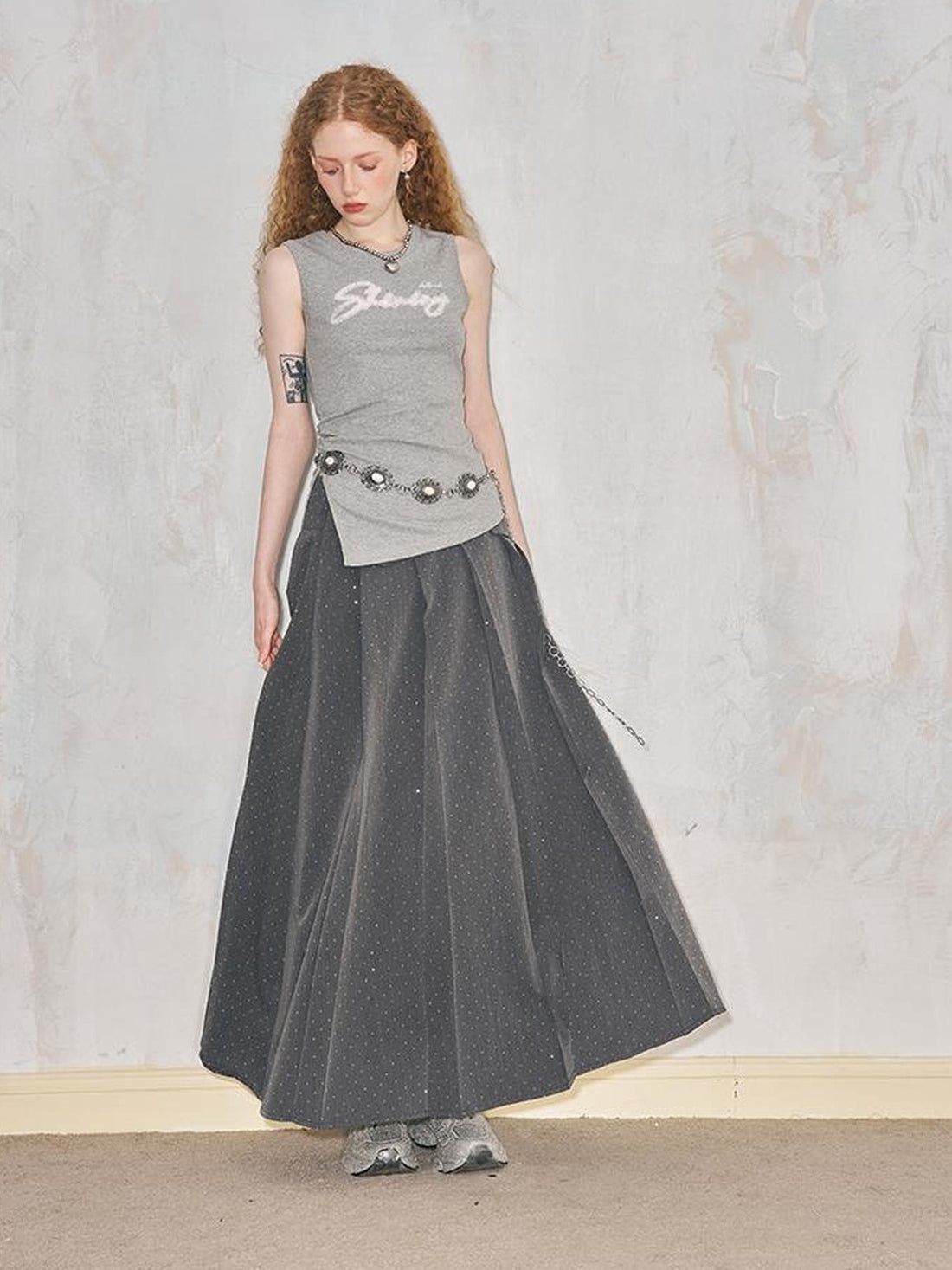 DIDDI MODA Crystal Embellished Pleated Midi Skirt