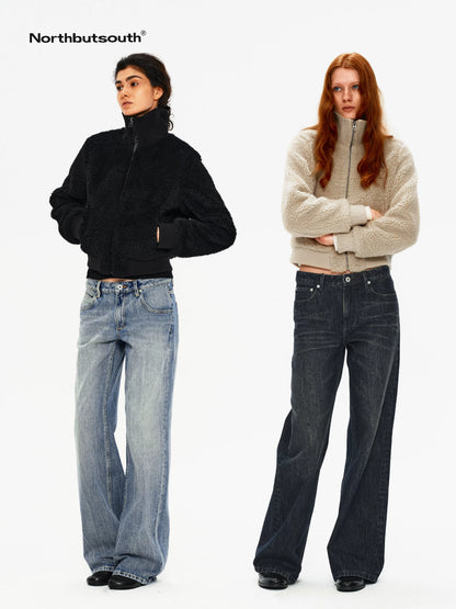 Curly Lamb Patchwork Stand Collar Ribbed Hem Women&
