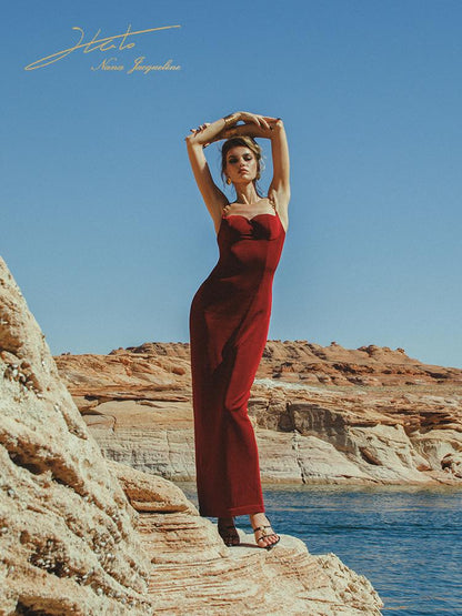 Custom Metal Ring Strap Stretch Maxi Dress Dresses