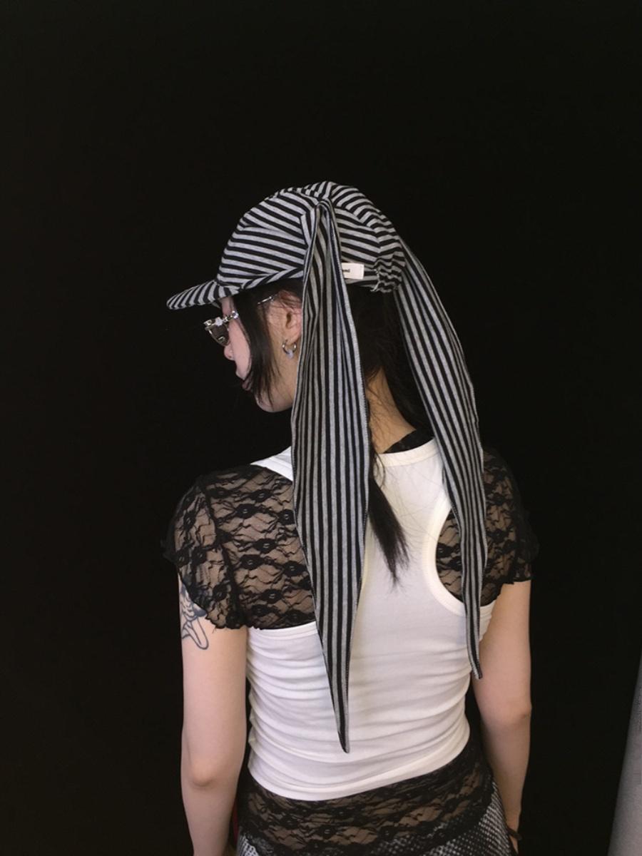 Cute Bunny Hat with Big Ears Summer Knit Striped Cap