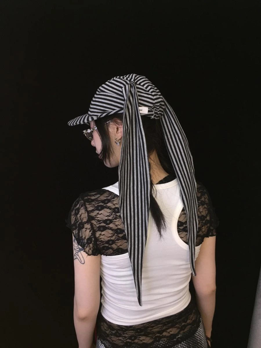 Cute Bunny Hat With Big Ears Summer Knit Striped Cap