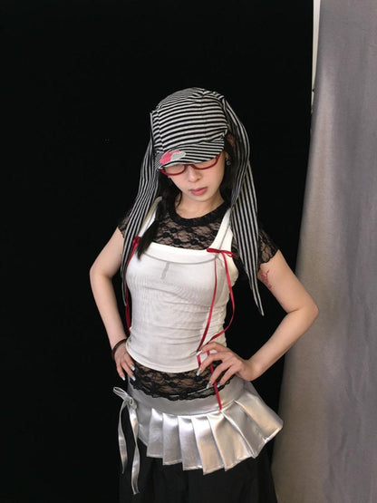 Cute Bunny Hat with Big Ears Summer Knit Striped Cap
