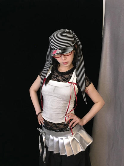 Cute Bunny Hat With Big Ears Summer Knit Striped Cap