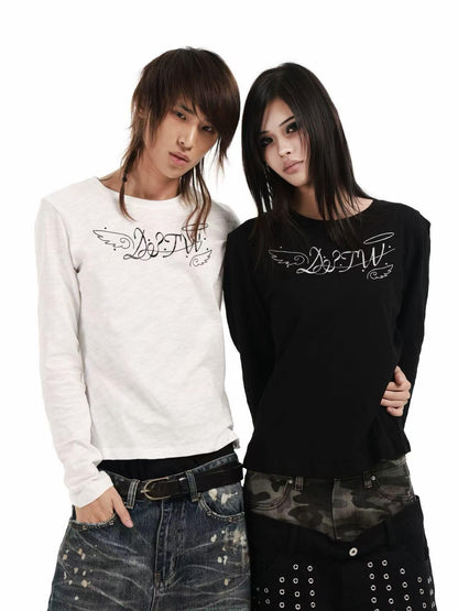 DETW OnLine Angel Letter Print Rhinestone Round Neck Pure Cotton Women&