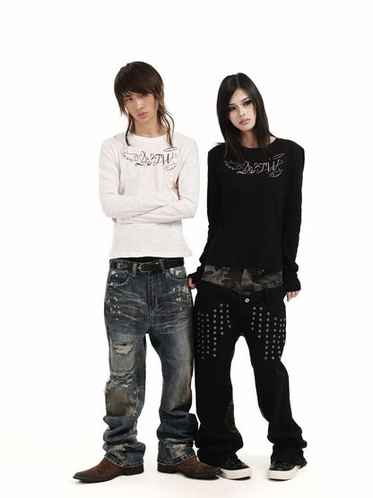 DETW OnLine Angel Letter Print Rhinestone Round Neck Pure Cotton Women&