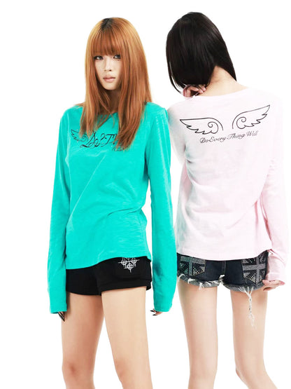 DETW OnLine Angel Letter Print Rhinestone Round Neck Pure Cotton Women&