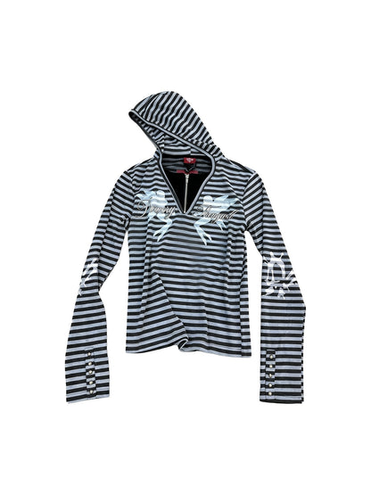 DETW_OnLine_Angel_Slogan_Print_Striped_Half_Zip_Hooded_Women&