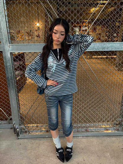DETW OnLine Angel Slogan Print Striped Half Zip Hooded Women&