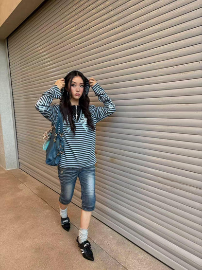 DETW OnLine Angel Slogan Print Striped Half Zip Hooded Women&
