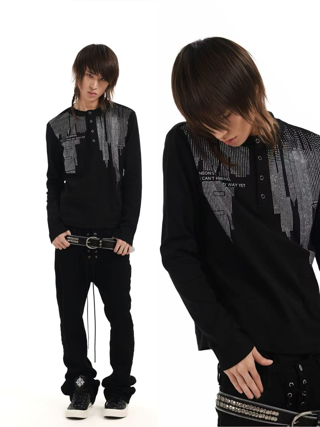 DETW OnLine Anti War Rhinestone Henry Neck Slim Fit Cotton Blend Women&