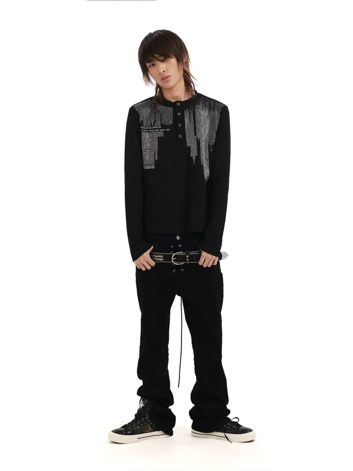 DETW OnLine Anti War Rhinestone Henry Neck Slim Fit Cotton Blend Women&