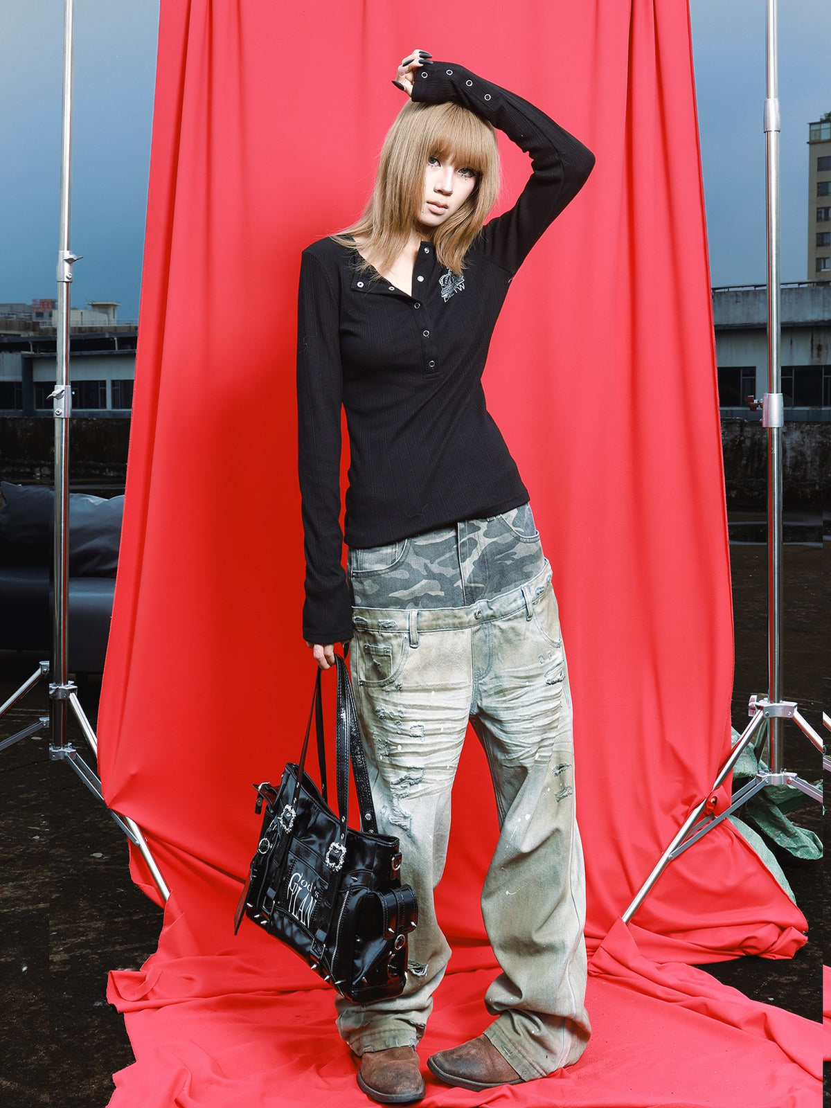 DETW OnLine Camouflage Embroidered Double Waist Straight Leg Women&
