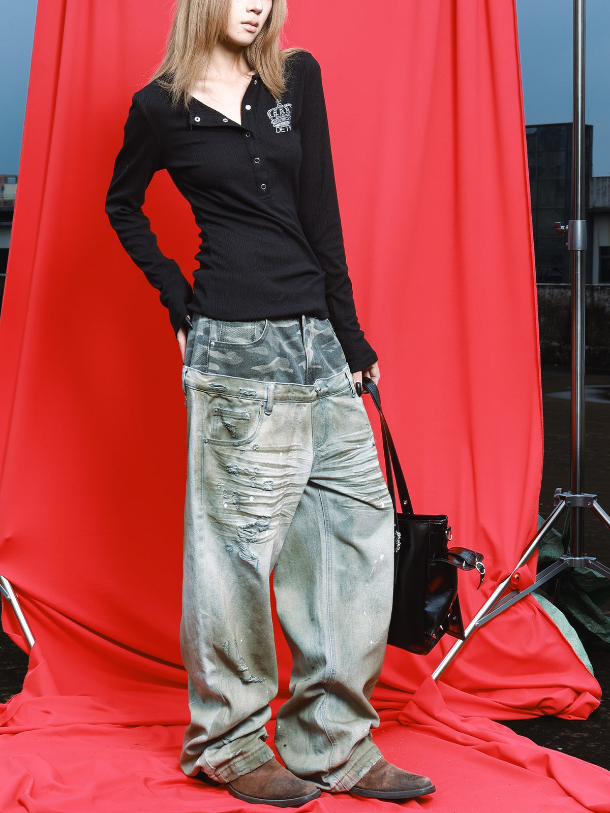 DETW OnLine Camouflage Embroidered Double Waist Straight Leg Women&