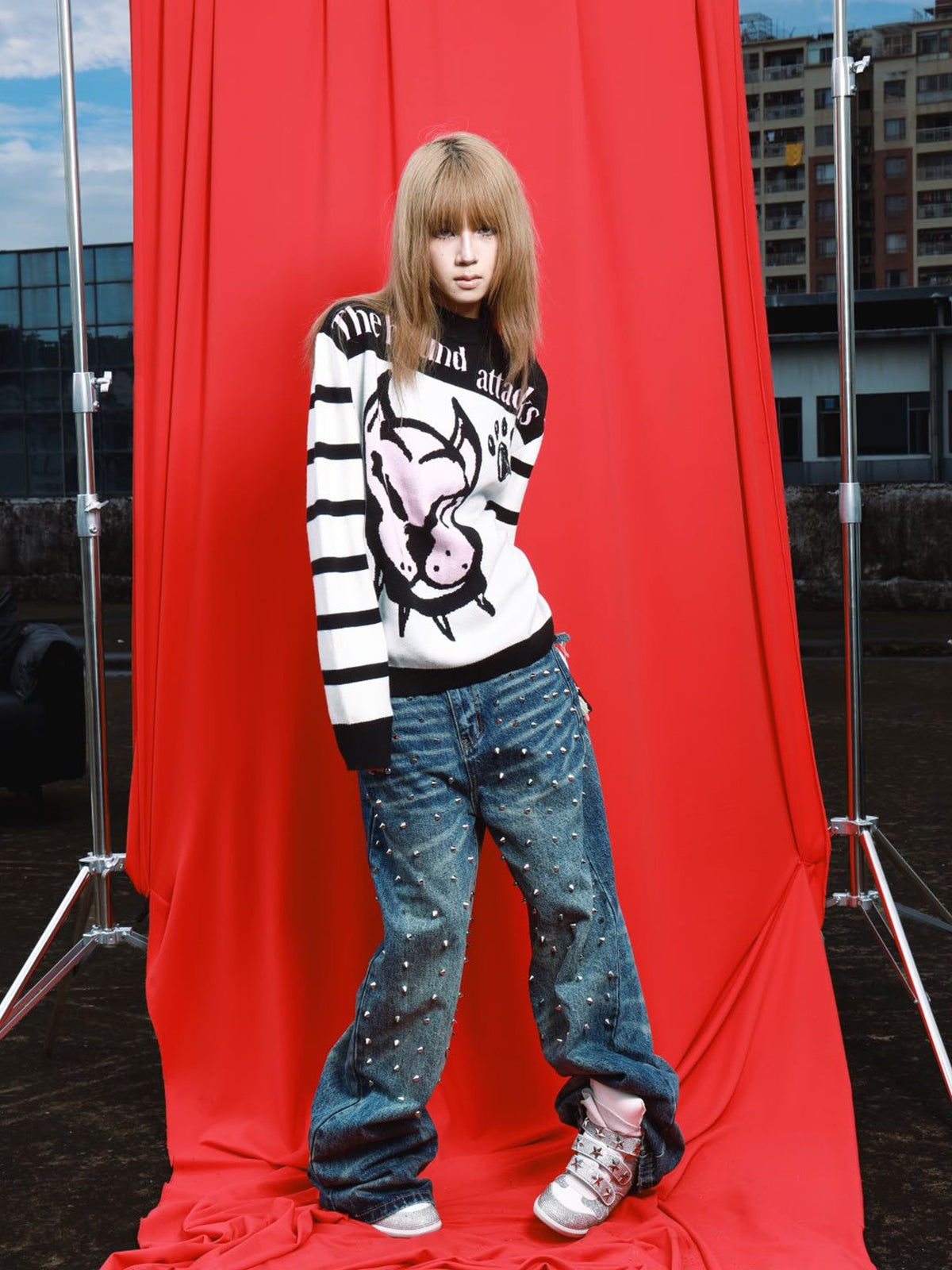 DETW OnLine Cartoon Dog Illustration Striped Loose Shoulder Women&