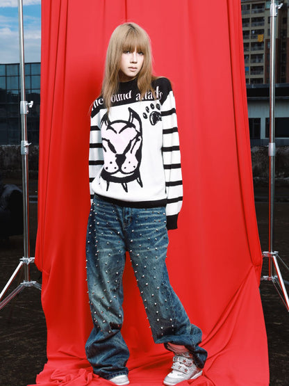 DETW OnLine Cartoon Dog Illustration Striped Loose Shoulder Women&
